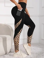 Women's Leopard Print Slim Fit Yoga Pants with Pockets, Stretch Running Fitness Leggings