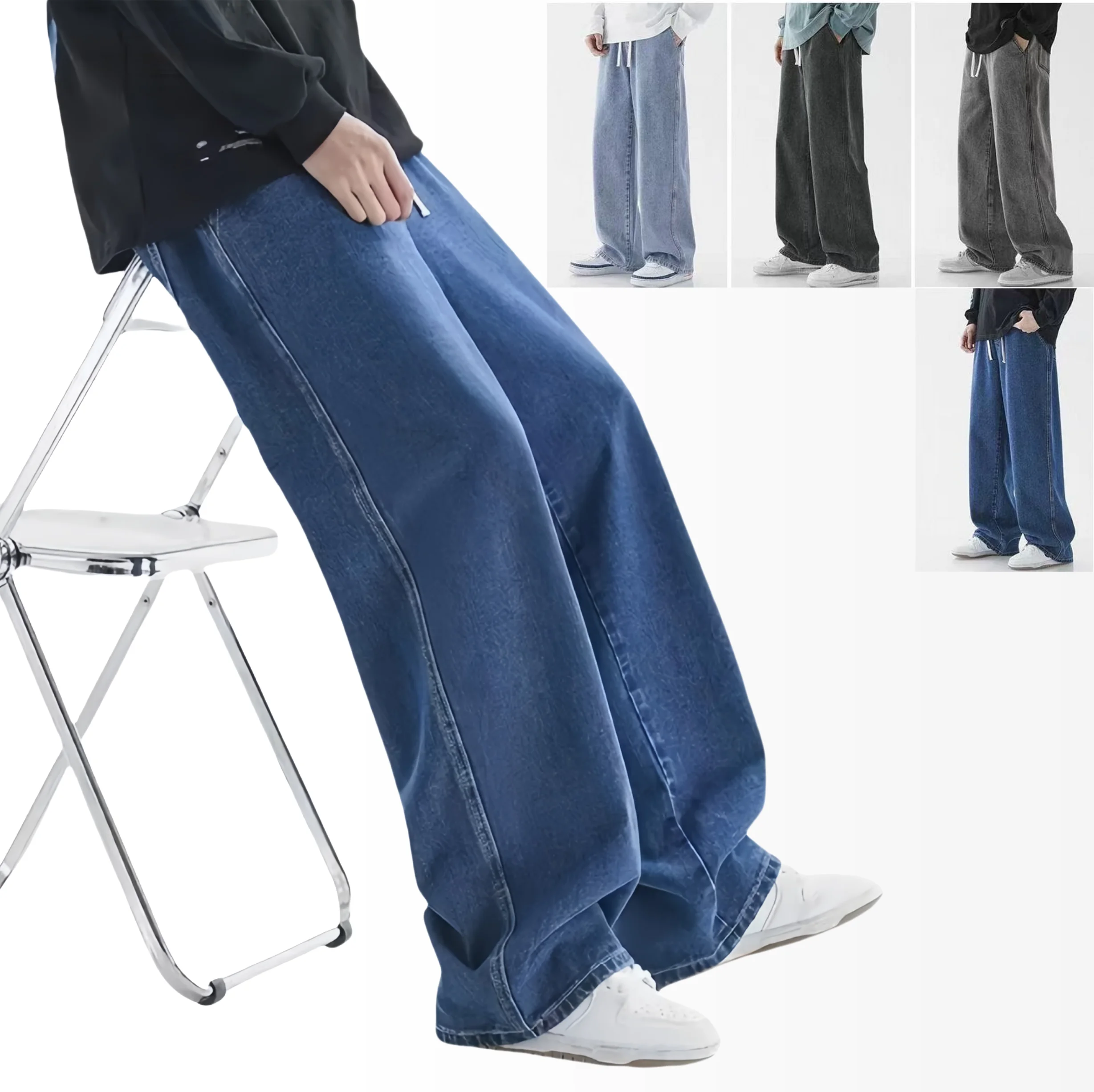 

Korean Solid Colors Men's Casual Long Jeans Classic Man Four Seasons Straight Denim Wide-leg Pants Light Blue Grey Black 3XL