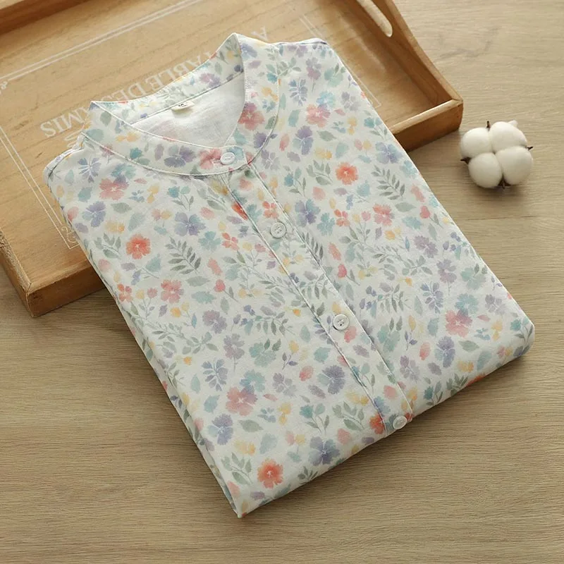 

Autumn Cotton Tops for Women Artistic and Fresh Stand Collar Long Sleeve Soft Skin Friendly Breathable Shirts S179