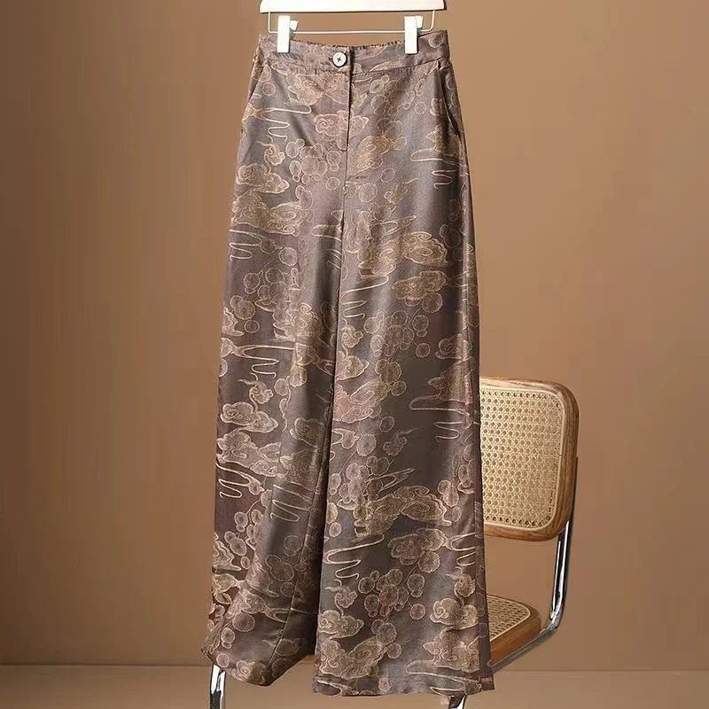 

Летние брюки длиной до икры из шелковой пряжи, женские жаккардовые брюки кофе, повседневные свободные брюки с эластичной резинкой на талии, винтажные
