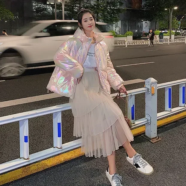 Tpjb novas mulheres parkas inverno laser grosso casual coreano doce completo cintura alta zíper solto meninas parkas casaco