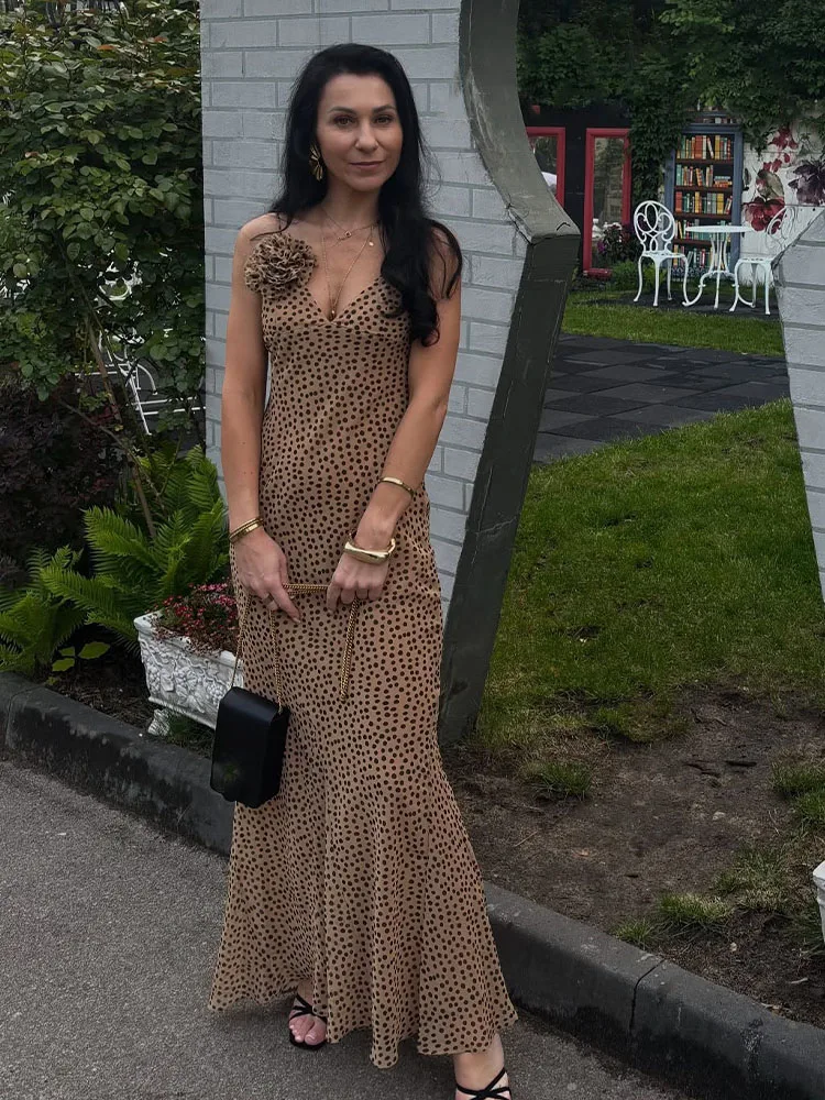 HH Female Temperament Zipper Slim Suspender Dress Women's Summer Fashion Sexy V-neck Flower Decoration Polka Dot Long Dress