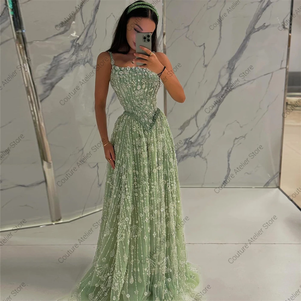 エレガントなスパゲッティストラップイブニングドレス 2025 A ライン Suqare 襟ビーズフォーマルウェディングパーティードレス女性のためのカスタマイズ