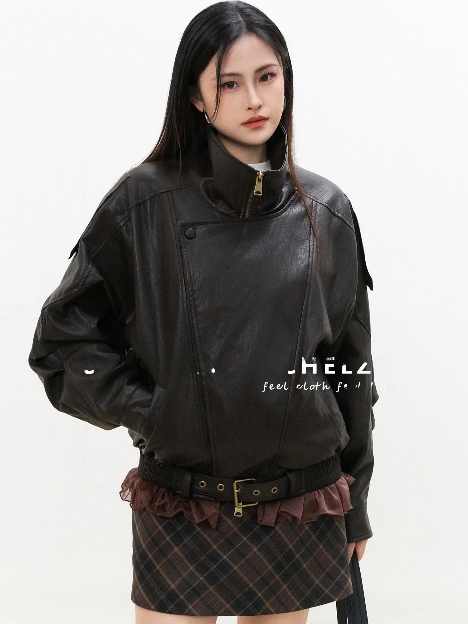 Retro Hong Kong Sle ort Lace Splice Jaet Dames lente herfst ontwerp Sense Stand Collar leren jas Cool en Sli