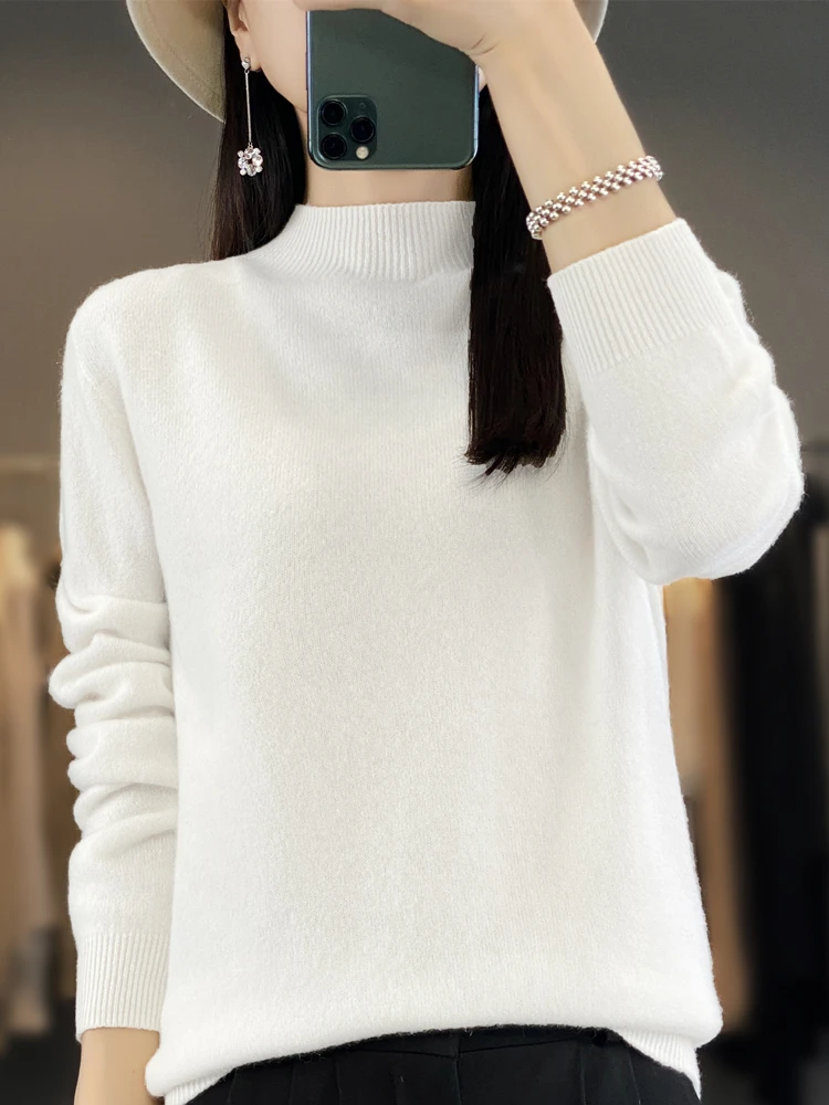Merino Wool Sweater Women's Semi High Neck Casual Fashion Base Sweater Soft Knit Sweater