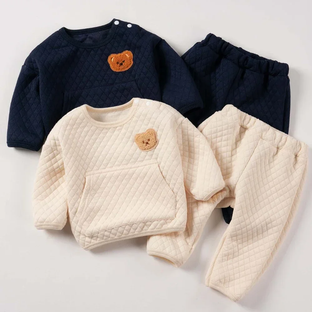 Girls Winter Suit Bear Applique Clothes Warm Two-piece Button Up Long Sleeve Top + Solid Color Shorts Comfortable and Soft