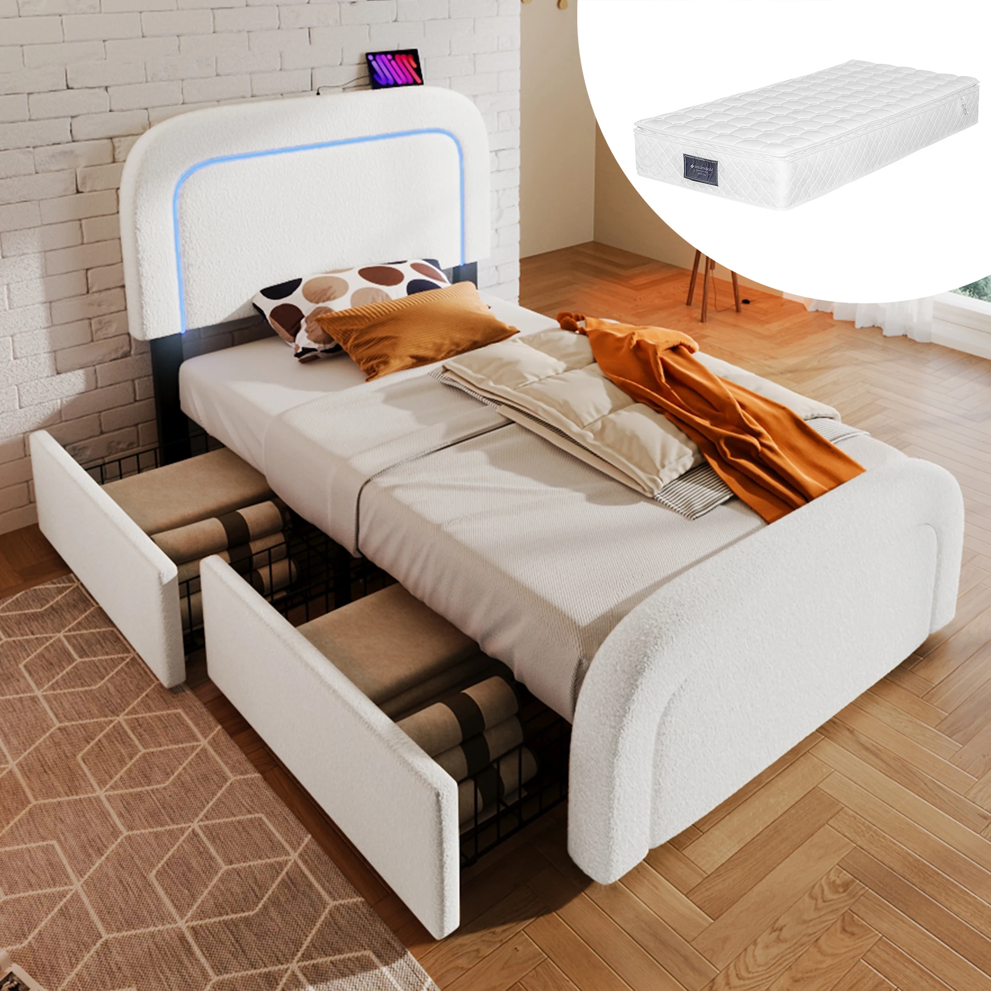 Lit avec rangement 90x200 cm - Lit simple capitonné avec tiroirs, USB Type-C et LED - Sherpa - Matelas inclus - Blanc