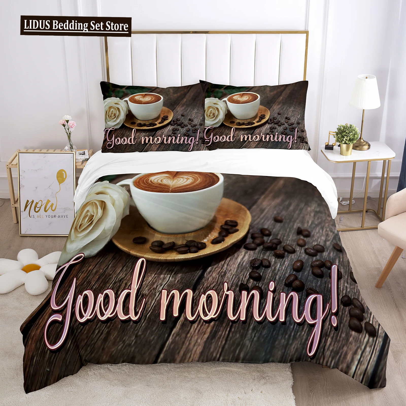 

Good Morning Duvet Cover Set Microfiber Coffee Rose Cozy Breakfast Twin Bedding Set Double Queen King Size 2/3pcs Quilt Cover