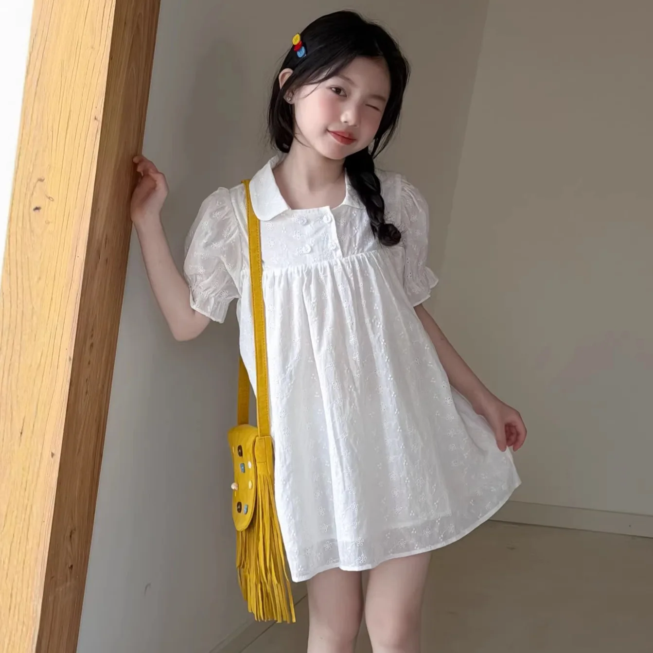 

Girls' Collar Bubble Sleeve Dress 2026 Summer Children's Cotton White Skirt Loose Breathable Princess Skirt