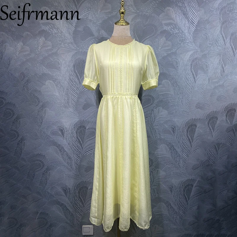 

Seifrmann 2026 summer women's new fashionable round neck short sleeved hollow waist cinching long dress