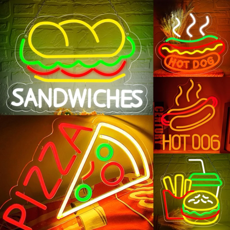 XM Hamburg Neon Hot Dogs Neon Pizza Burger Shop Decor,LED Neon, Restaurant, Kitchen, Shop, Party, USB-powered Wall decoration