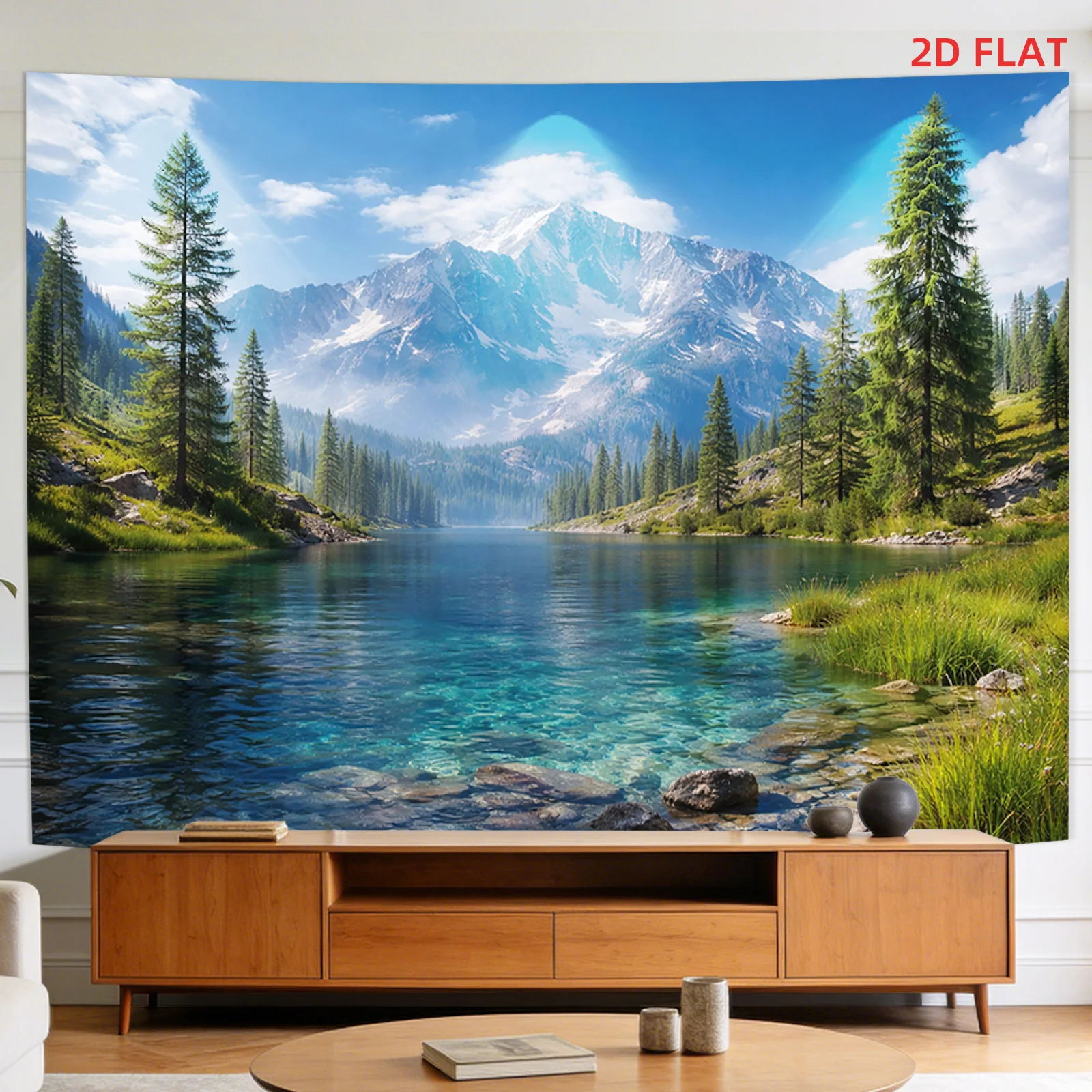 Mountain Lake Tapestry Polyester Wall Hanging Snowy Peaks Pine Trees Living Room  wall tapestry aesthetic room decor