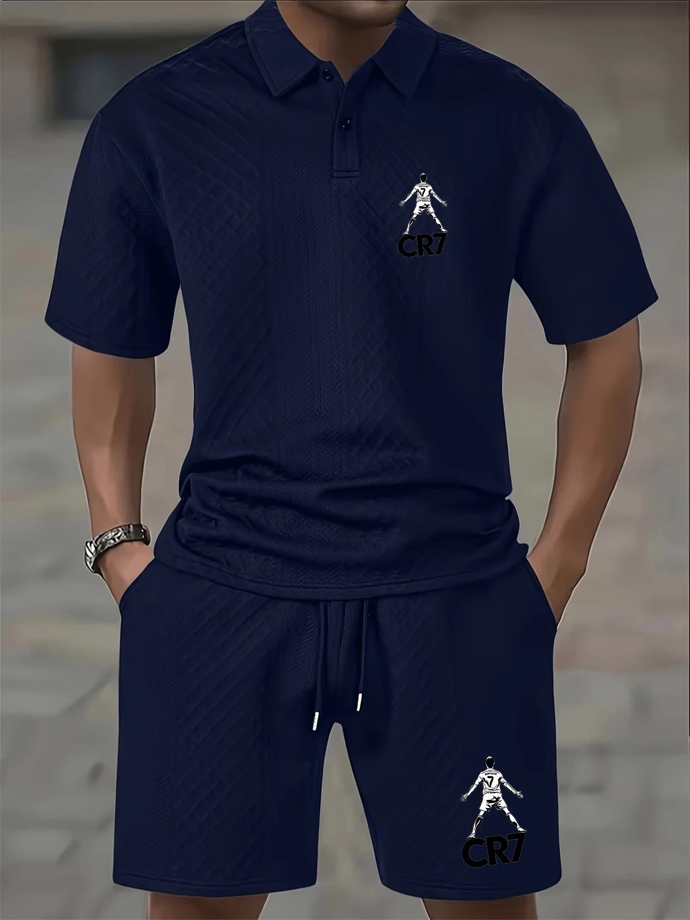 

Men's CR7 Print Waffle Knit Polo Set, Breathable Textured Fabric, Slim-fit, 2-button Placket, Versatile for Casual Sports, Of