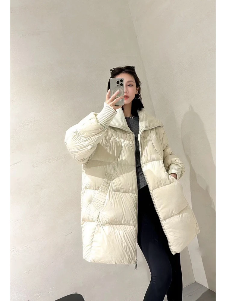 Cloudlike Soft Thiened  Sle Simple Aosphere Loose Pure Color Knitted Stand Collar Women's down Jaet Coat