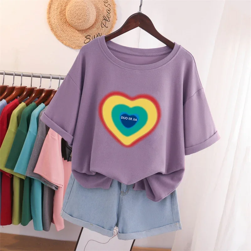 EBAIHUI-Camiseta de manga corta con estampado de amor para mujer, ropa de L-5XL de algodón 100% de talla grande, Top de verano Kawaii para pareja con cuello redondo