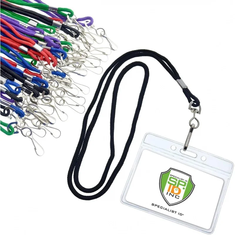 Bulk 25 Pack - Premium Name Tag Badge Holders with Lanyards - Horizontal Clear Plastic Card Pouch and Lanyard Holder for School
