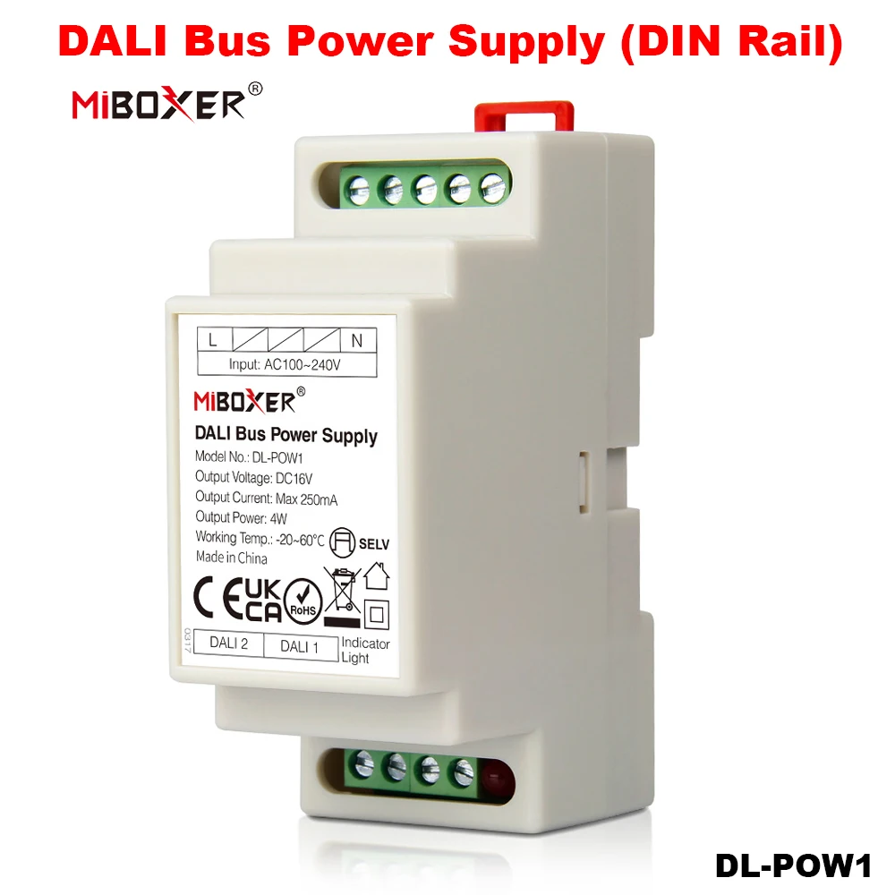 

Miboxer DL-POW1 DC16V 4W Max250mA AC110-220V DIN Rail DALI Bus Power Supply for DALI RGB+CCT Led Downlight/Dimming Panel