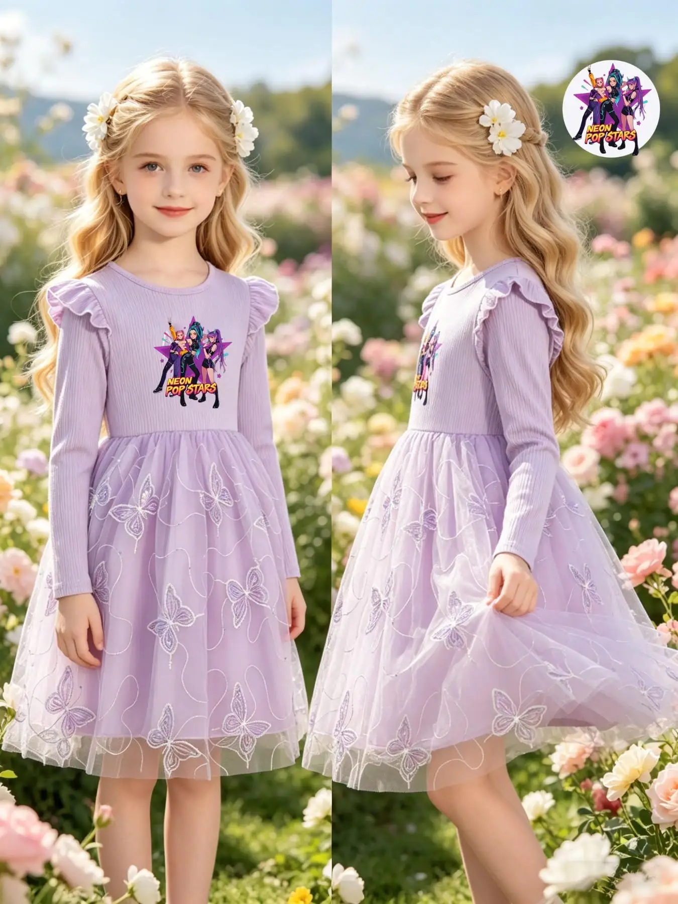 Girls' Butterfly Print Dress, Elegant Slim-Fit Long Sleeve Princess Dress, Perfect for Birthday Parties, Outdoor Activities, Vac