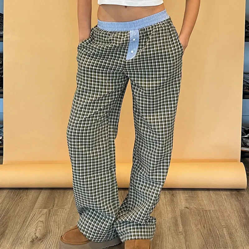 

WPNAKS Women Plaid Pants Spring Autumn Clothes Elastic Waistband Loose Wide Leg Pants with 2 Pockets