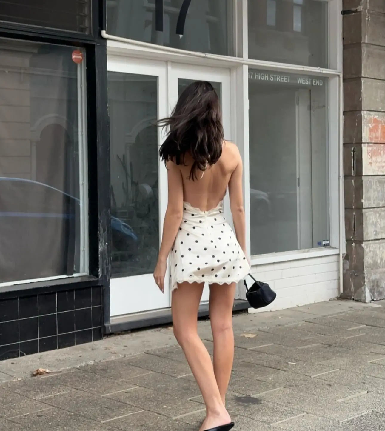 Abito sexy in raso a pois con scollo all'americana Donna Chic Backless con spalle scoperte Scollo a V Patchwork in pizzo Mini abiti slim 2026 Abito da donna Street