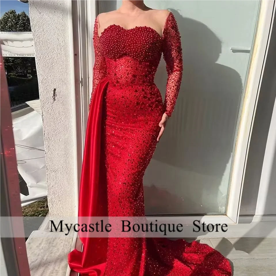 

2025 Pearls Mermaid Evening Dresses Long for Women O Neck Long Sleeves Formal Prom Wedding Party Robes De Soirée Customized