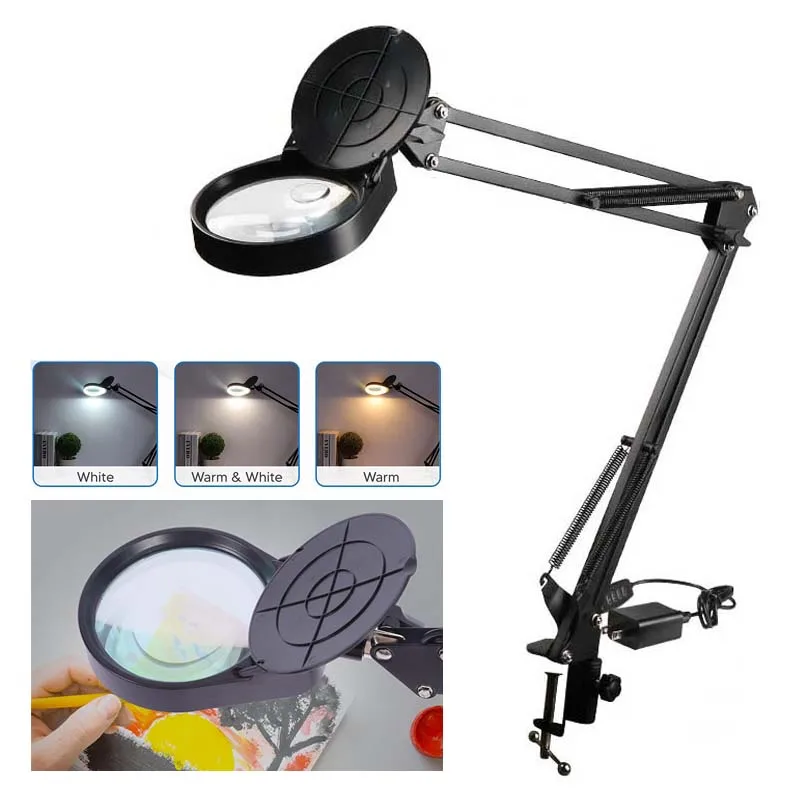 Lámpara de mesa Flexible con abrazadera, lupa de cristal de 5X, brazo oscilante regulable, lupa iluminada, led, luz de escritorio, lámpara de 3 modos de Color
