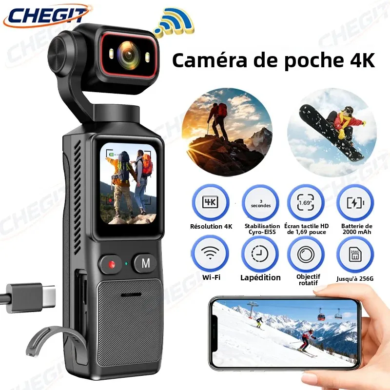 Caméra d'action portable 4K avec écran tactile 1.69 pouces, enregistrement vidéo de poche, Rechargeable, 2000mAh, cadeau de vacances idéal