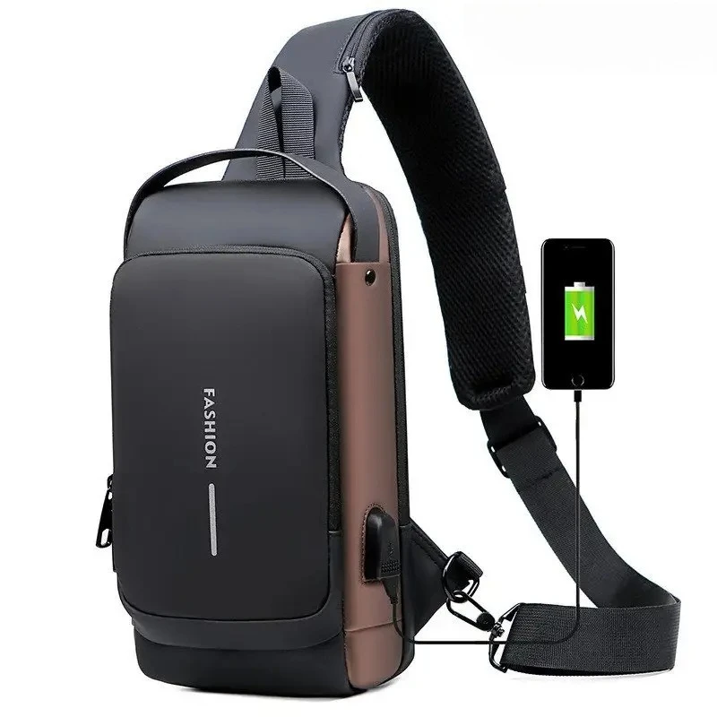 

1Pc New Men's Anti theft Lock Chest Bag with USB Charging Shoulder Strap Waterproof Oxford Waist Bag for Sports Jogging Hiking