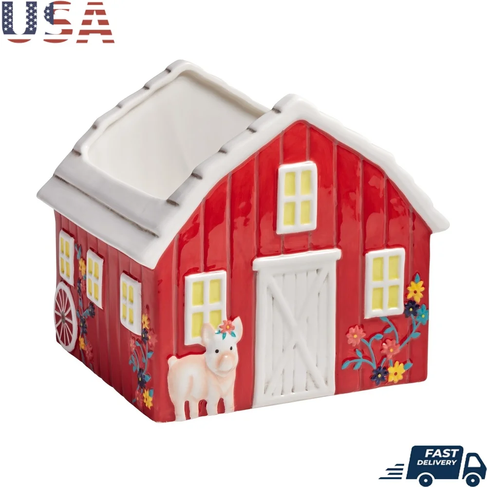 

Red Barn Shaped Ceramic Planter Adorable Pig Design Home Decor Indoor Flower Pot with Drainage Hole