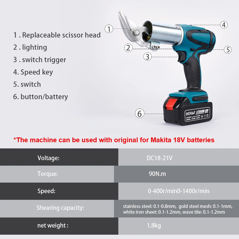 20V Cordless Electric Iron Scissor Metal Cutting Tool Iron Shear Sheet Cutter Scissor Carbon Steel Cutter For Makita Battery