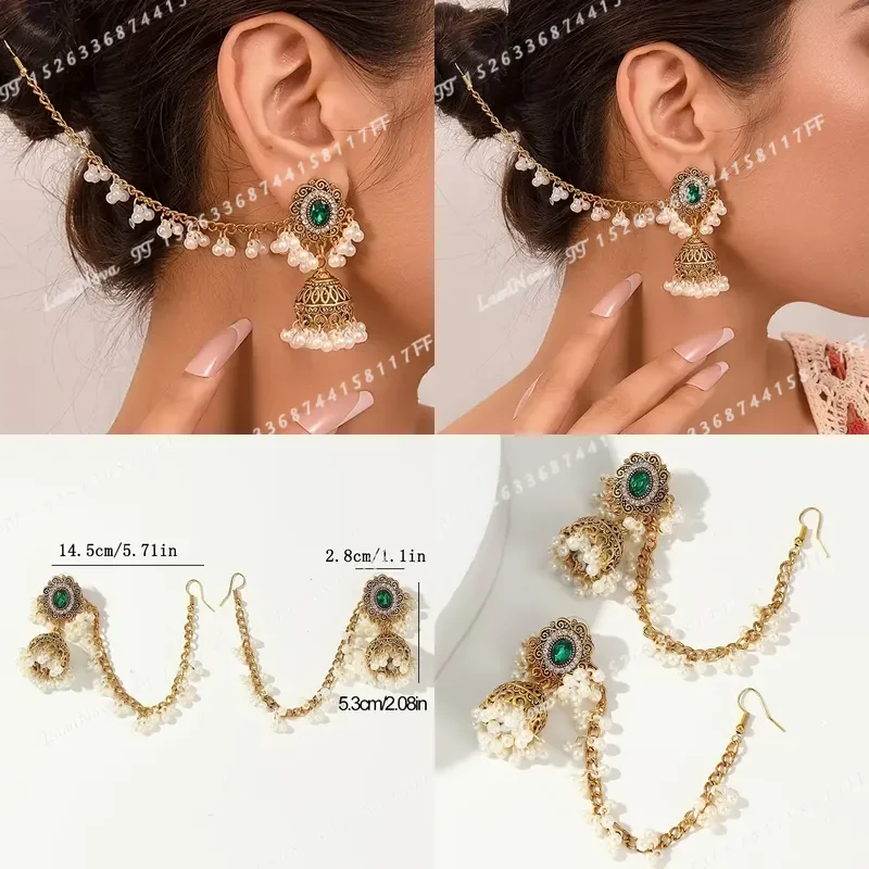Middle Eastern Style Retro Elegant Rhinestone Faux Pearl Tassel Connected Hair Earrings for Women Holiday Birthday Prom Party