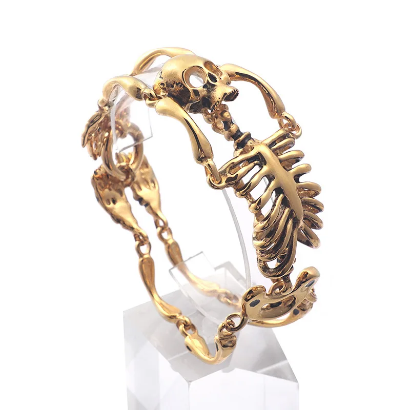 37mm Heavy Punk Gold Color Body Skull Bracelet For Men Hiphop Retro Hiphop Gothic Stainless Steel Biker Chain Bangle Jewelry