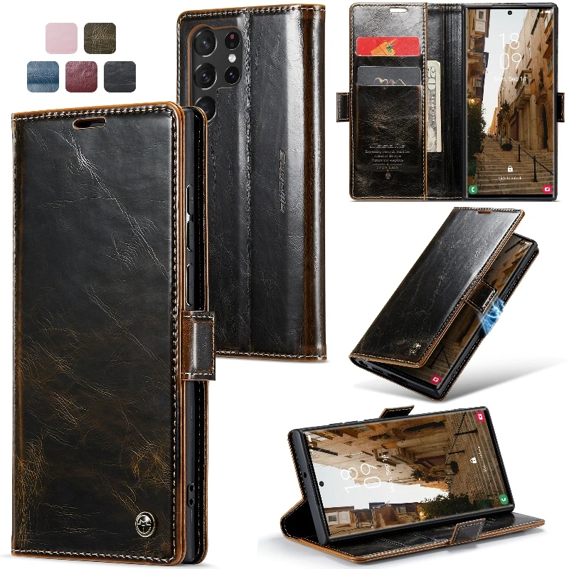 

Gloss Leather Wallet Case Cards Slim Flip Cover For Samsung Galaxy S23 S22 Note 20 Ultra 10+ Side Buckle Magnetic Phone Case