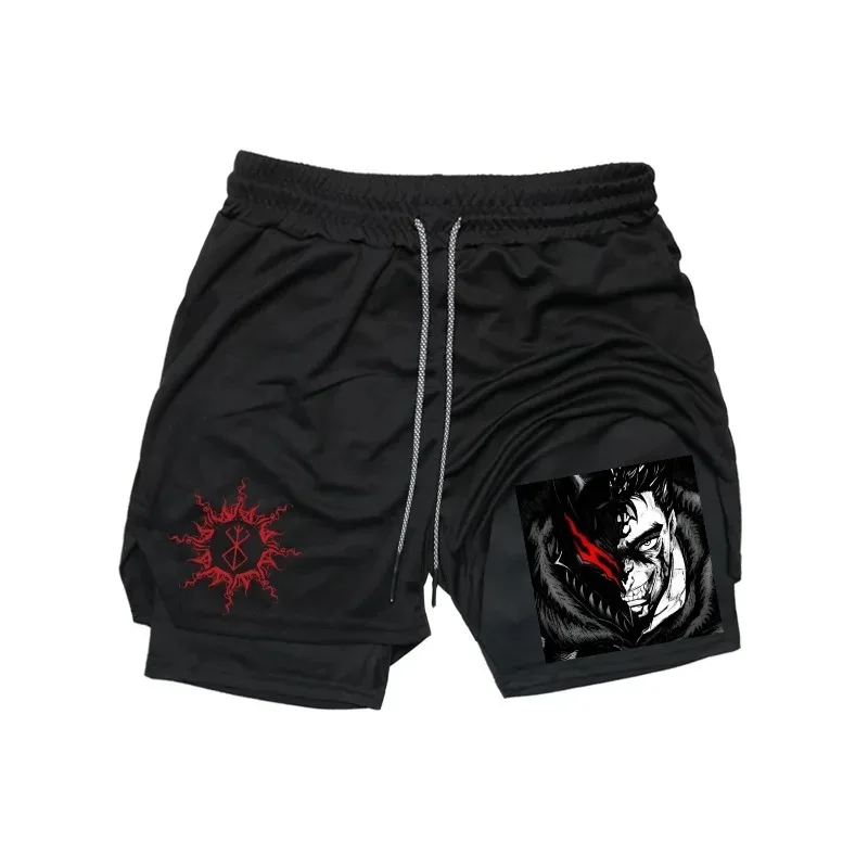Anime Performance-Shorts für Herren 2-in-1 Lauf-Kompressionsshorts Trainings-Gym-Sportbekleidung Workout-Shorts mit Handytaschen