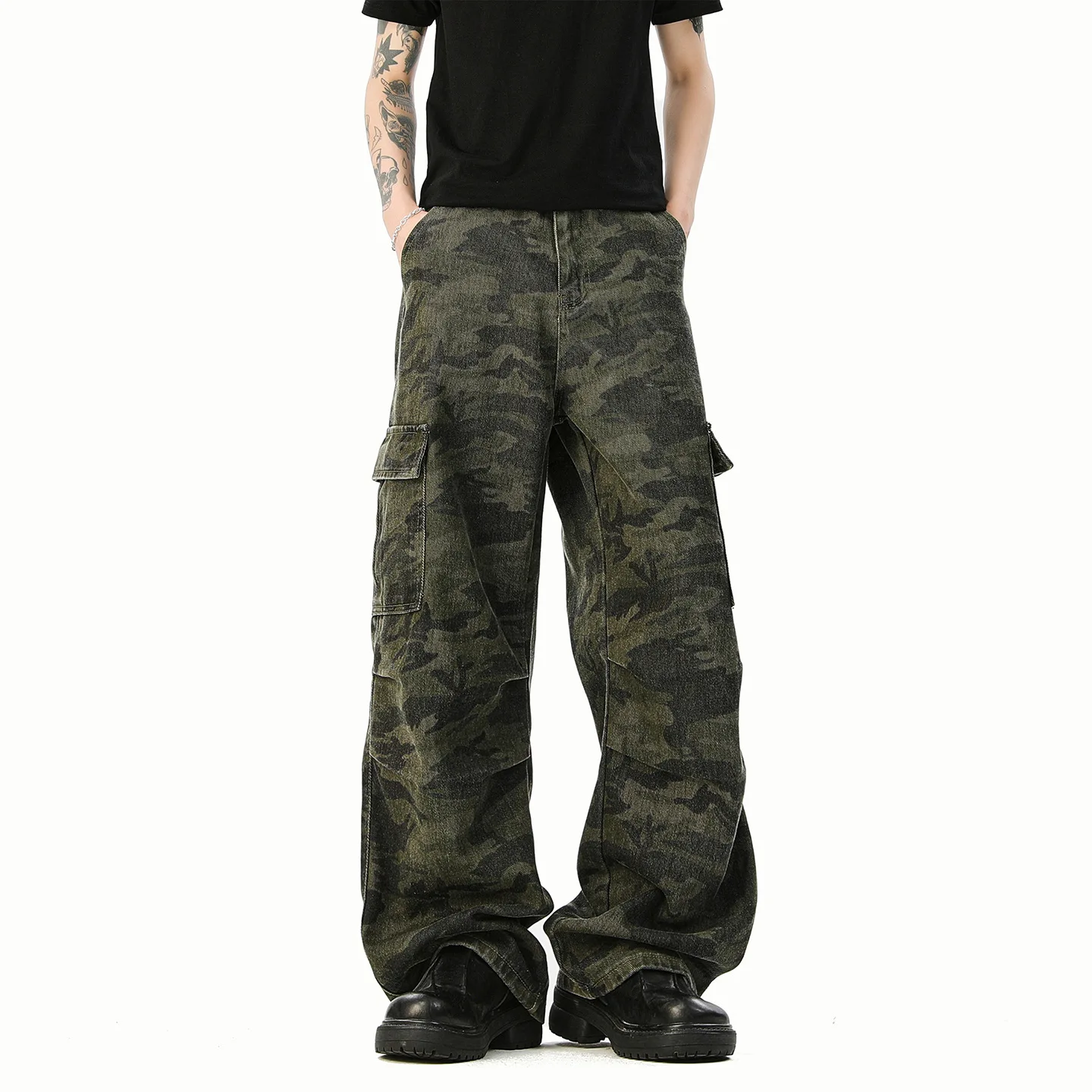 

Military Style Camo Cargo Pants Unisex Washed Cotton Canvas Utility Trousers with Multi-Pockets & Relaxed Fit for Streetwear