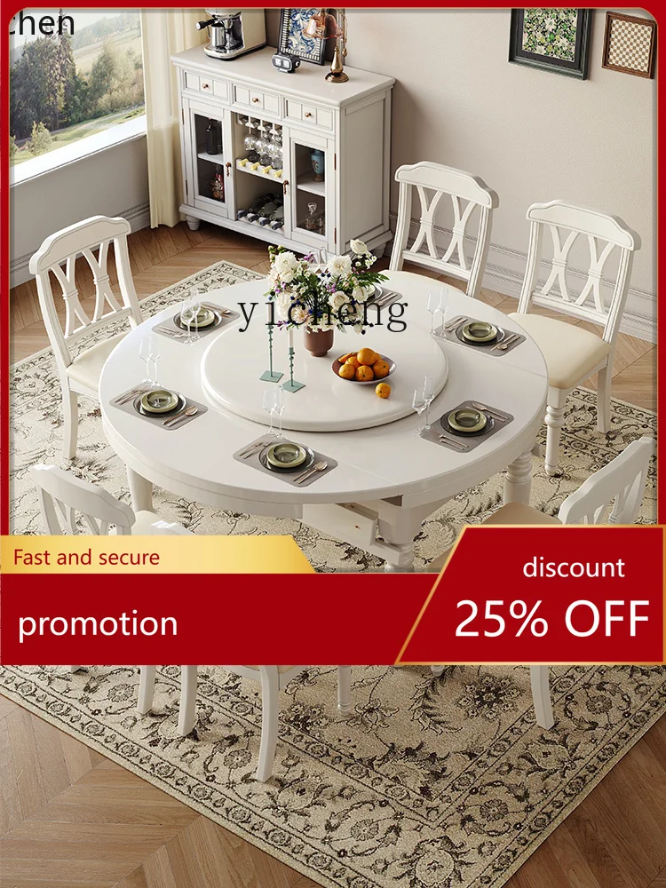 

HXL solid wood folding dining table and chairs white household oval retractable dining table with turntable