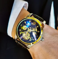 Fully Automatic Luminous Luxury Men's Mechanical Watch Breathable Leather Strap Waterproof Tourbillon Hollowed Out Men's Watch