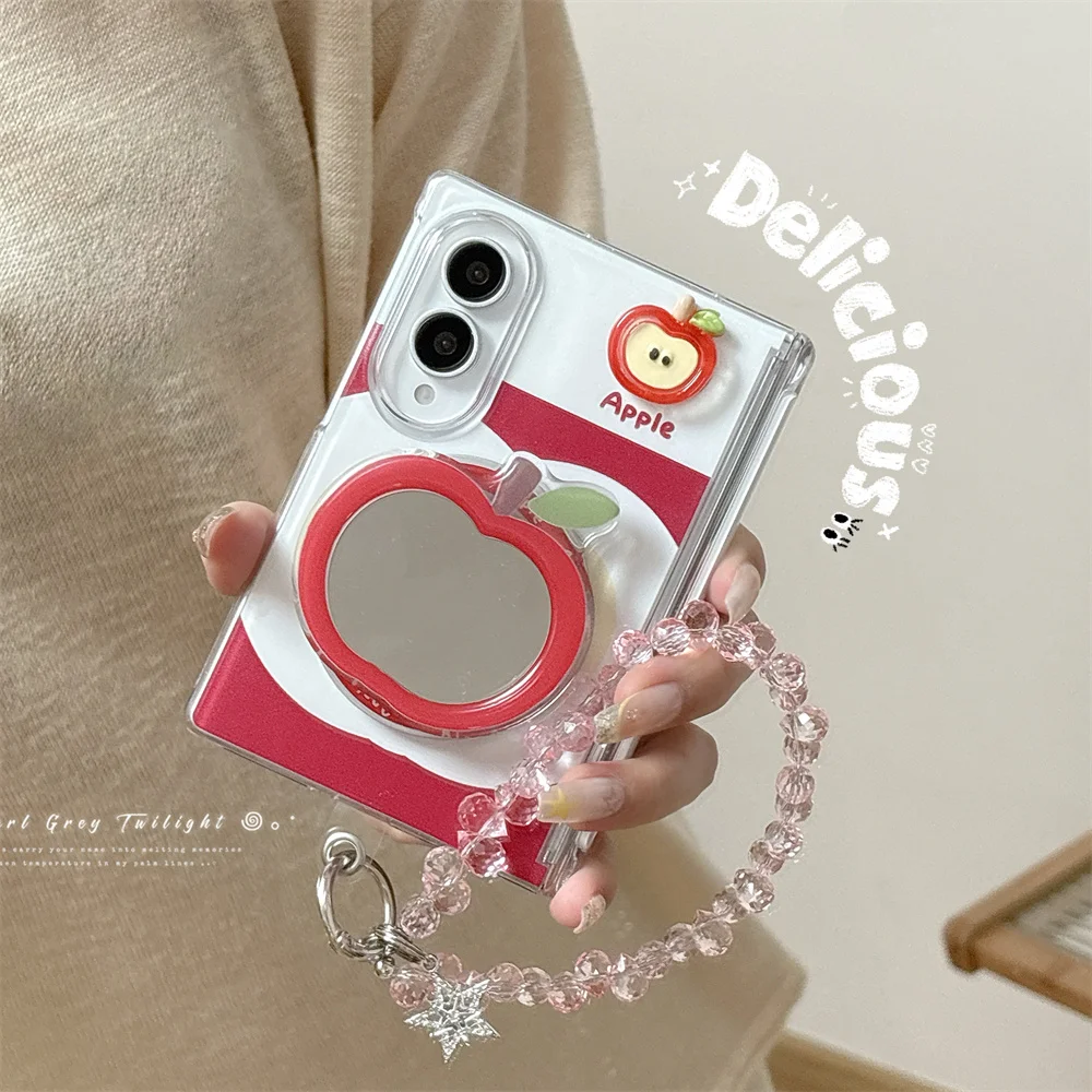 Cute Red Mirror Kickstand Magnetic Phone Case For Samsung Galaxy Z Fold 8 Ultra 7 6 5  For Apple Cover With Pink Crystal Star