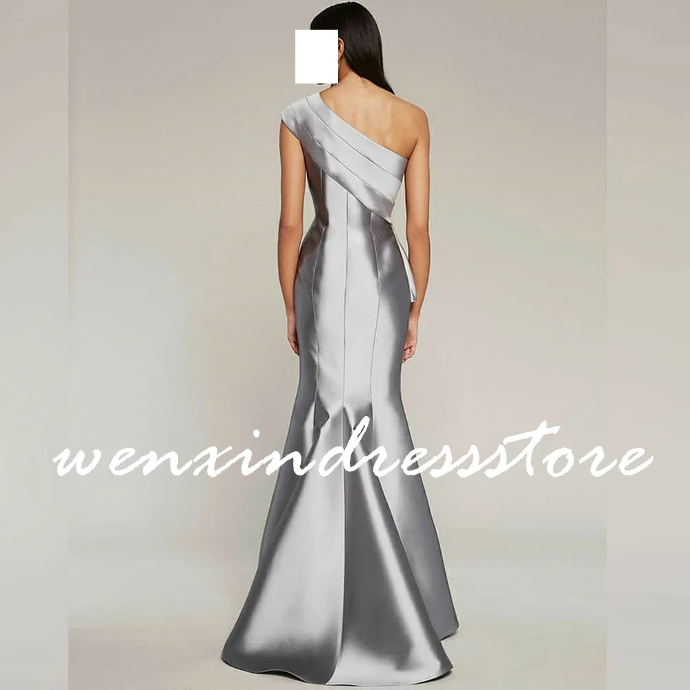 Sleeveless Satin Straight Floor Length One Shoulder Evening Dress Elegant Saudi Evening Dresses Pleats Sweep Train Formal Women