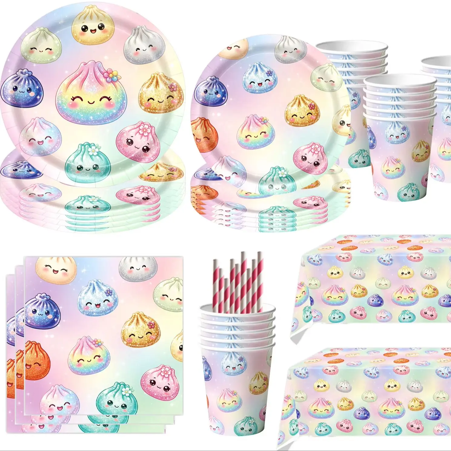 Squishy Dumpling Geburtstagsparty-Dekorationsset Einweg-Tischgeschirr Becher Teller Serviette Geschenktüte Banner Hintergrund Kinderparty-Zubehör – Detail 1