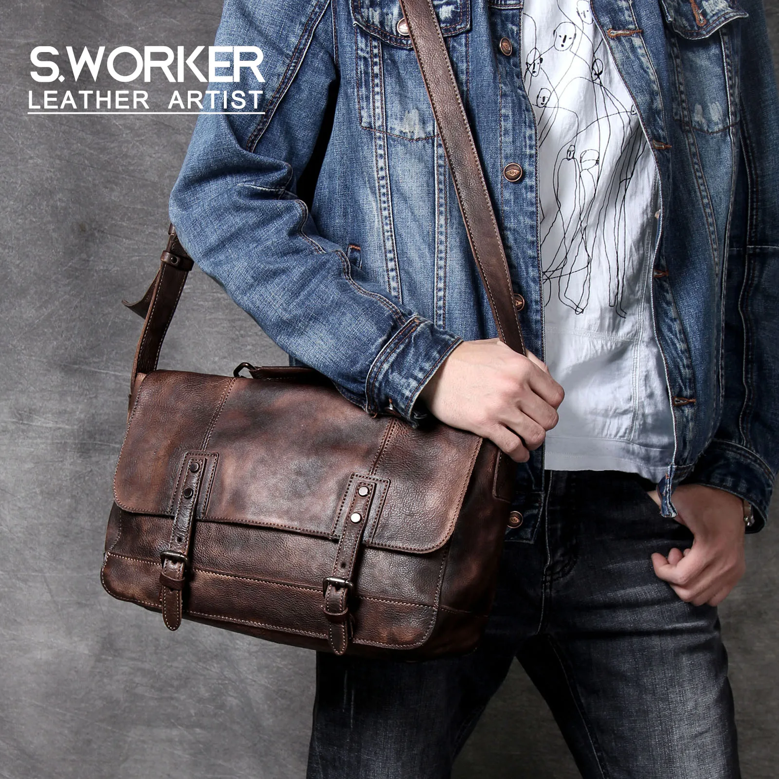 S.WORKER Vintage Echtes Leder männer Messenger Tasche Schulter Tasche Rindsleder Retro Casual Stil Umhängetaschen – Detail 2