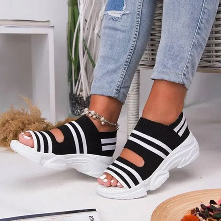 New Women Sandals 2022 High Heels Platform Women Shoes Summer Female flats Knitting Slip On Peep Toe casual Women Sandals