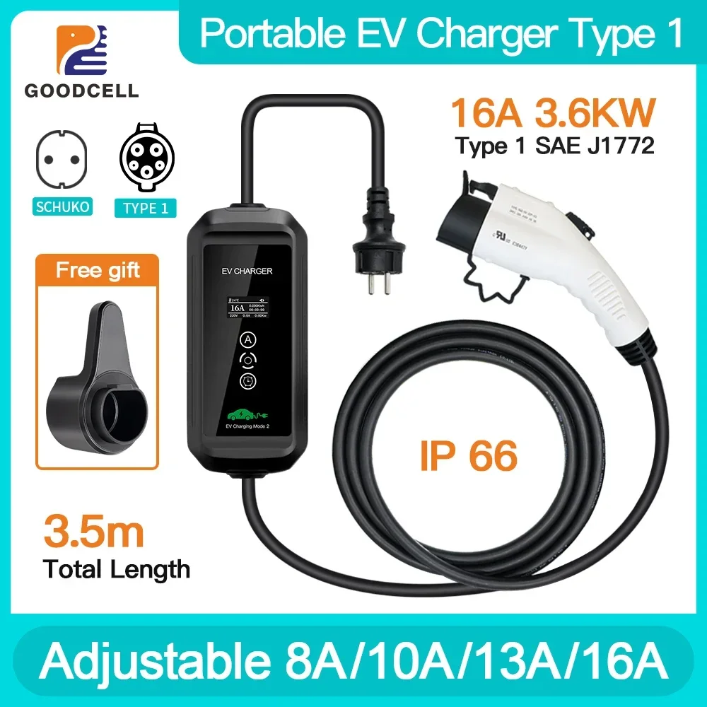 3.5M Type1 SAE J1772 EV Charger Wallbox 16A 1P Portable EV Charging Type2 IEC62196-2 Electric Vehicle Cars Wi-Fi APP Bluetooth