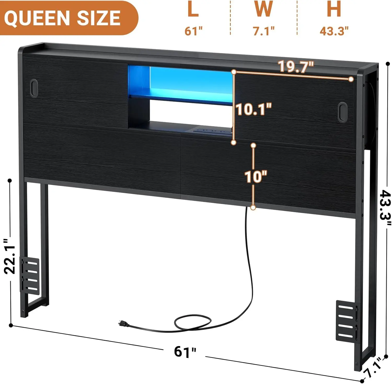 Queen Size Headboard with Storage, Headboard with Power & USB Port, LED light and Bed Frame Adapter, Queen Size Headboard Only,