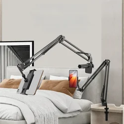 Foldable Metal Tablet Stand Bed Desk Side Tab Headrest Holder Long Arm Mobile Phone Holder Clamp Mount 4.7-13” for iPad Stand