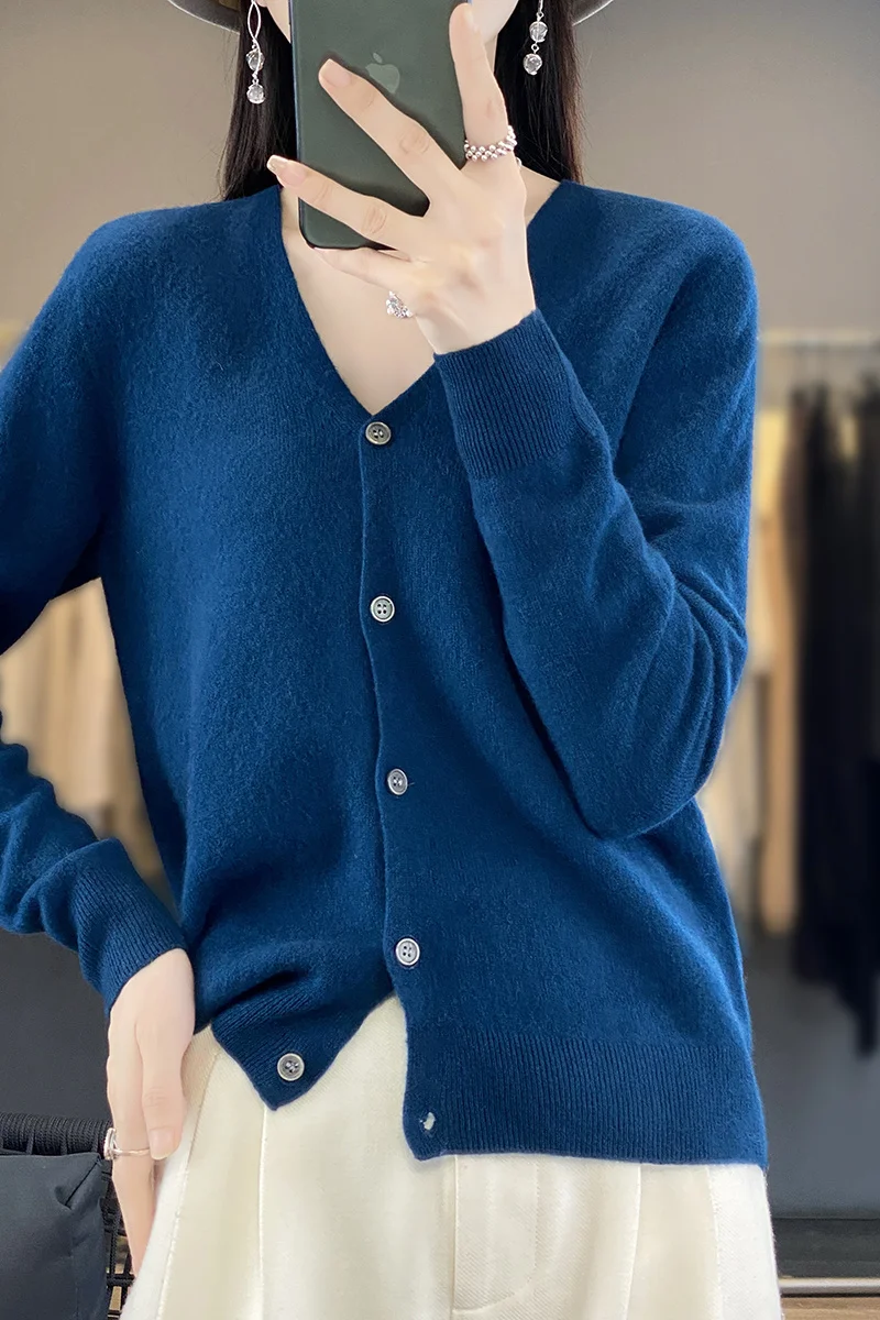 Tloml outono inverno feminino com decote em v lã cardigan básico sólido manga longa camisola de caxemira 100% lã merino malhas femininas topos