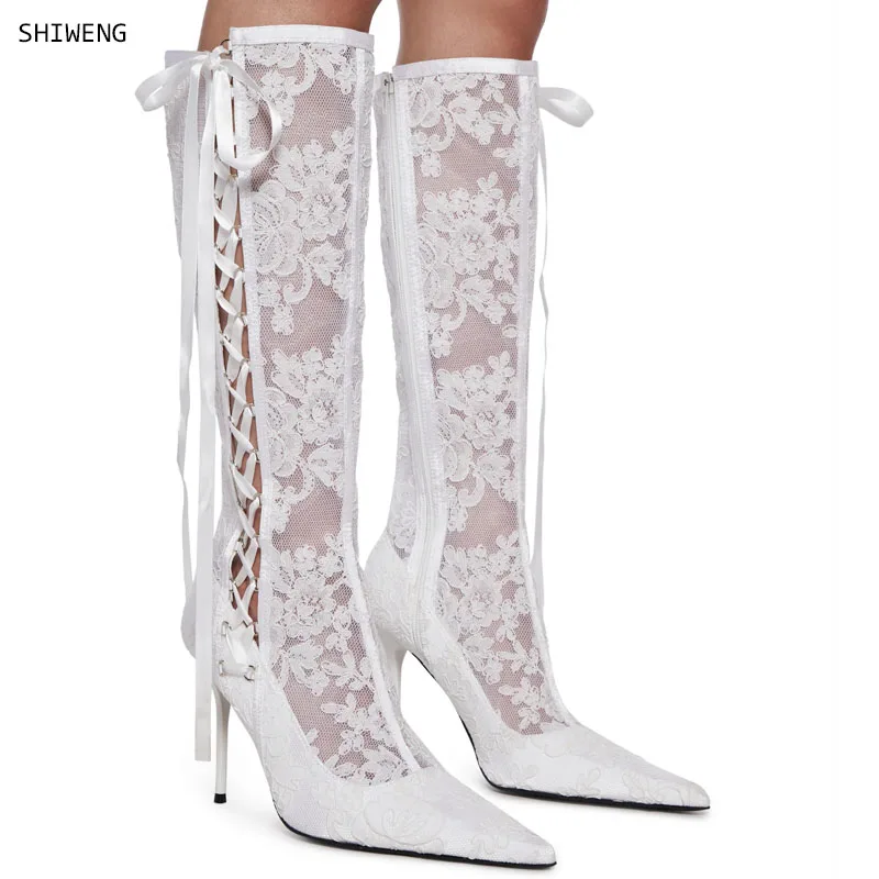 

2025 Summer Boots Shoes Women Heels Knee Flower Lace Female Mujer Zipper Glitter Sexy White Wedding Shoes BiG Size 44