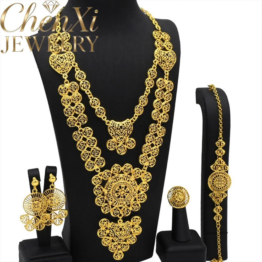 High-End Luxury Alluvial Gold Elegant Fashion Popular Jewelry Set Women Wedding Party Banquet Necklace Earrings Ring 4pcs Gift
