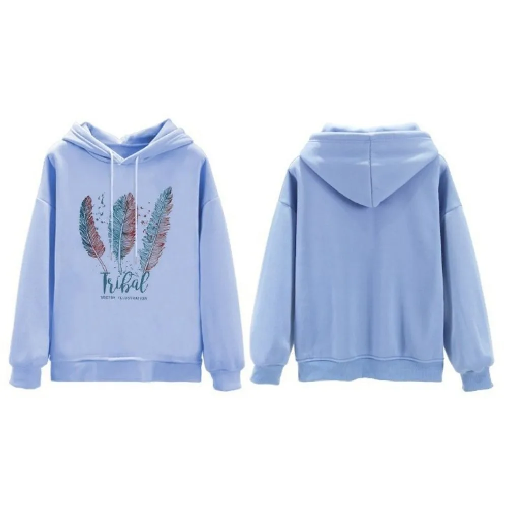 Long Sleeve Feather Printed Hoodies with Fluff Thickening Women Loose Sweatshirt Plus Size with Drawstring Hood