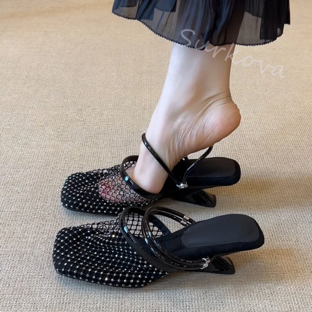 

Rhinestone Square Toe Breathable Mesh Sandals Women Summer Strange Style Wedges Ankle Strap Slippers New Fashion Elegant Sandals